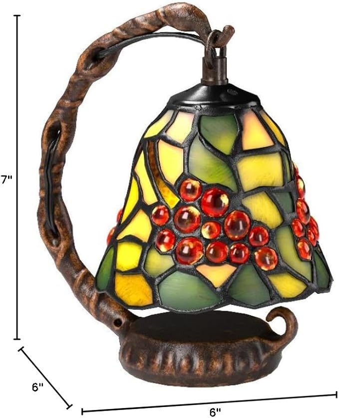 Bieye L10035 Grapes Tiffany Style Stained Glass Table Lamp with 6-inch Wide Lampshade Hanging on The Base (Green)