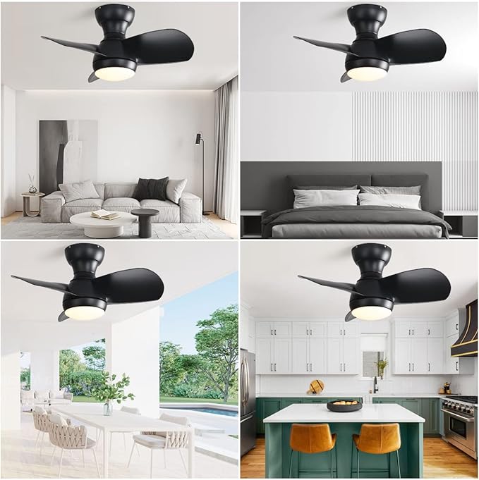 23" Black Small Ceiling Fan with Light, DC Motor,LED, Mini Flush Mount Ceiling Fan with Lights Low Profile Ceiling Fans for Patios Waterproof Kitchen Dining Room Bedroom
