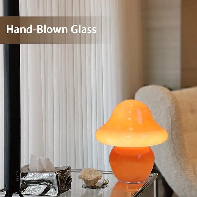 Mushroom Lamp Orange Glass Mushroom Table Lamp for Bedrooms, Living Room, Aesthetic Lamps for Bedroom, Cute Bedside Lamp