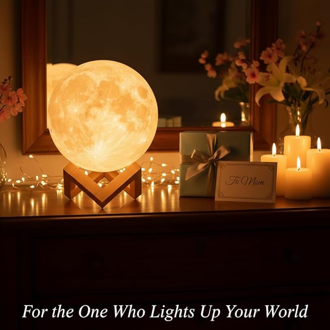 Mydethun Moon Lamp - 4.7' White Elephant Galentine Gifts for Women, 3D Printed LED Night Light w/Wooden Base, Valentine Gifts for Wife, Girlfriend, Mom, Touch-Dimmable, White & Yellow