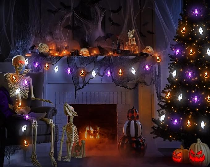 Halloween Lights Battery Operated -16FT 30 LED 3D Waterproof Ghost Bat Pumpkin String Lights with Timer-8 Lighting Modes Hanging Decor for Home Room Door Window Indoor Outdoor Porch Party Decorations