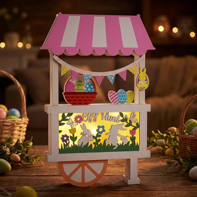 Valery Madelyn Easter Decorations, Easter Decor with LED Light, Lighted Egg Hunt Booth Decor for Table, Wooden Bunny Decorations for Home Decor Shelf Tiered Tray Living Room, 7.5 inch