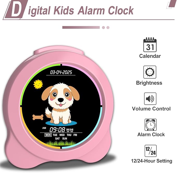 Kids Alarm Clock Sun & Moon& Dog LED Display with Day & Date OK to Wake Clock with Night Light for Kids Children's Sleep Trainer Gift for Boy and Girls