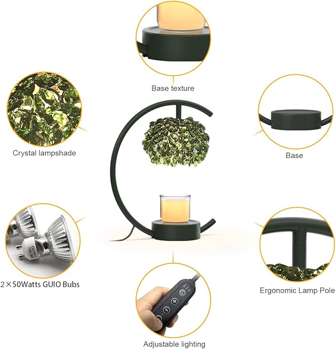 Candle Warmer Lamp for Jar Candles with Adjustable Brightness＆Timer，Handcrafted Green Crystal Candle Lamp Luxurious Design+2Bulbs,Home Decoration Electric Candle lamp(Balck C-Shaped)