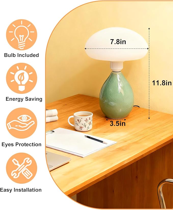 Lightdot Mid Century Modern Dimmable Table Lamp Green Ceramic 3000K Warmwhite Desk Lamp with Mushroom-Shaped Shade for Living Room Bedroom Bedside Nightstand House Office Home Reading