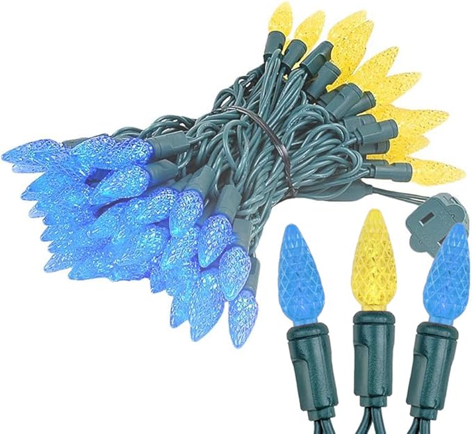 Novelty Lights 24FT 70 LED C6 Christmas String Lights, Outdoor Tree Commercial Grade Permanent Decorations (Blue/Yellow)