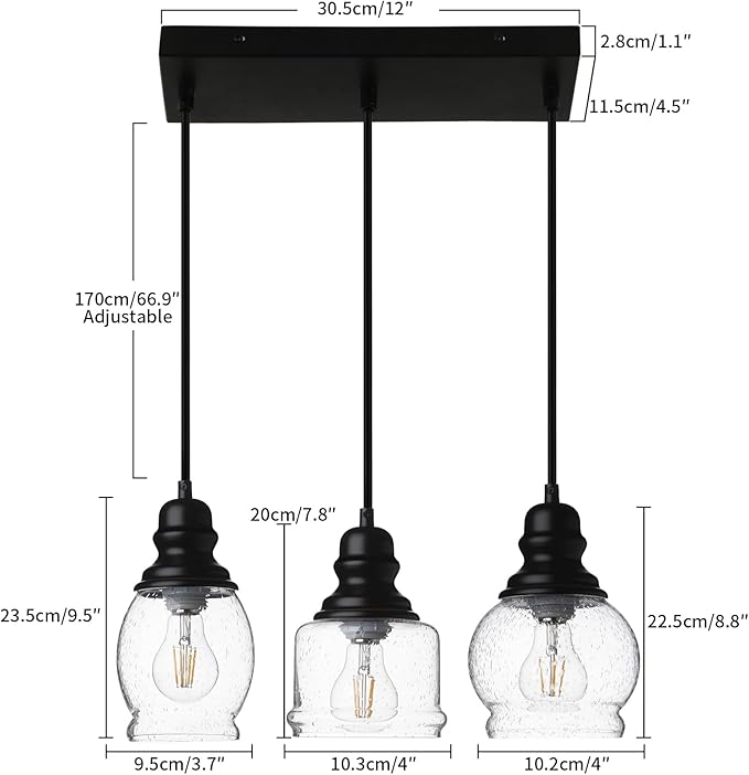 WILON Industrial Pendant Lighting, Pendant Lights for Kitchen Island 3 Light Glass Pendant Light Fixture with Seeded Glass Shade, Adjustable Cord Farmhouse Ceiling Light Black finish Linear Chandelier