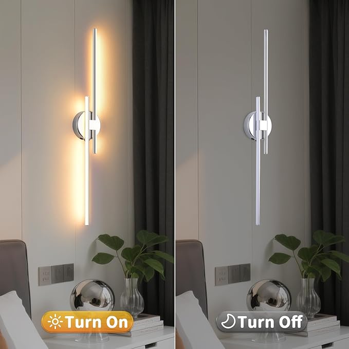 Wireless Battery Operated Wall Sconces with Remote, USB Rechargeable Led Wall Lights, 3000K-6000K Wireless wall sconces for Bedroom, Hallway, Living Room. Chrome 31.4-Inch Wall Light Set of Two
