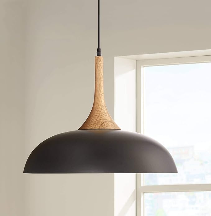 Possini Euro Design Felton Black Aluminum Wood Finish Small Pendant Light 17 3/4" Wide Mid Century Modern Dome Shade Fixture for Dining Room House Entryway Bedroom Kitchen Island Hallway