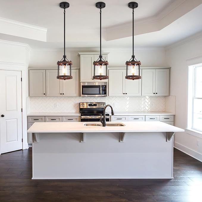 SGLfarmty Farmhouse Pendent Lights for Kitchen Island, Rustic Black and Wood Light Fixtures with Glass, Blown Pendant Lamps Over Table, Vintage Chain Hanging Light for Dining Room, Sink, Bar, 1 Pack