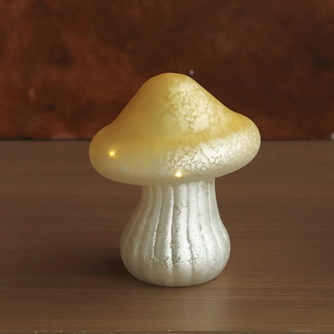 Glass Mushroom Lamp Cute Lamps for Bedrooms Battery Operated Mushroom Night Light Funky Lamp Ideal for Indoor & Outdoor Garden Decor (Yellow, Set 1)