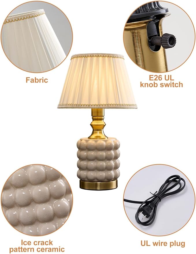 Vintage Lamp for Bedroom,Unique Lamps Cracked Ceramic lamp,UL Rotary Switch Control Pleated lamp Shade,Small Table lamp for Living Room Decor Kitchen Lighting (White+Pleated)