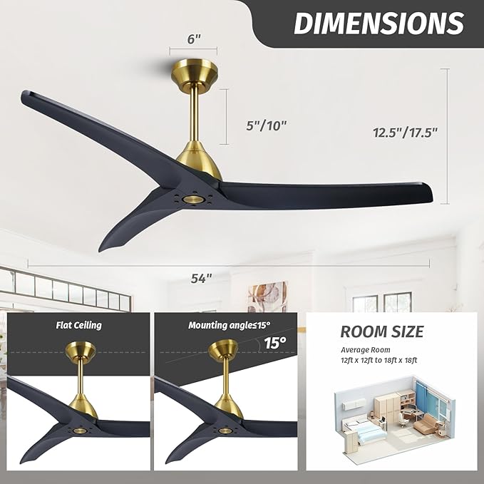 54 Inch Minimalist Ceiling Fan No Lights,Wood Ceiling Fan without Light,6-Speed,Reversible DC Motor,Timer,Outdoor with Remote for Bedroom Living Room Patios,Black and Brass