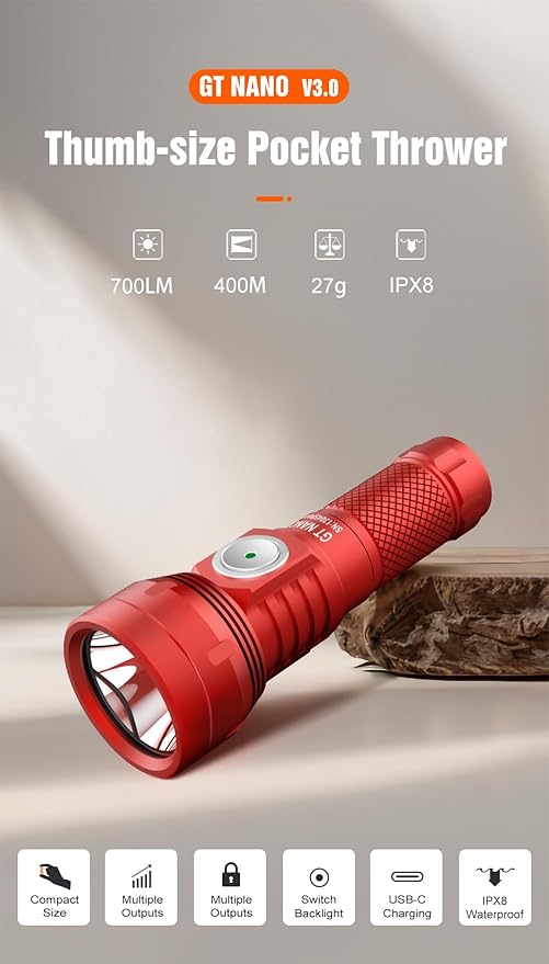 LUMINTOP GT Nano 3.0 Keychain Flashlight 700 Lumens Mini Flashlight 400 Meters Beam Distance Built-in USB-C Charging 10280 Li-ion Battery (Red)