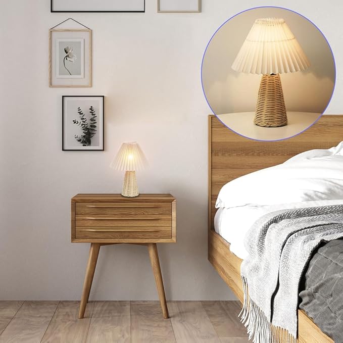 Small Table Lamp, Pleated Table Lamp Bedside Night Lamp with Rattan Base Fabric Pleated Lampshade Vintage Design Soft Warm Light for Bedroom Decor Living Room Reading Office Dorm Coffee Shop