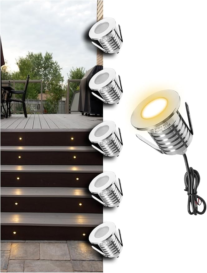 Low Voltage Deck Light 6 Pack, 3W 250LM Landscape Lighting, φ48 mm Recessed LED Outdoor Step Stair Lights, Full 304 Stainless Steel Deck Lighting Wired for Outside Floor Yard (SG06, 6-Pack 2700K)