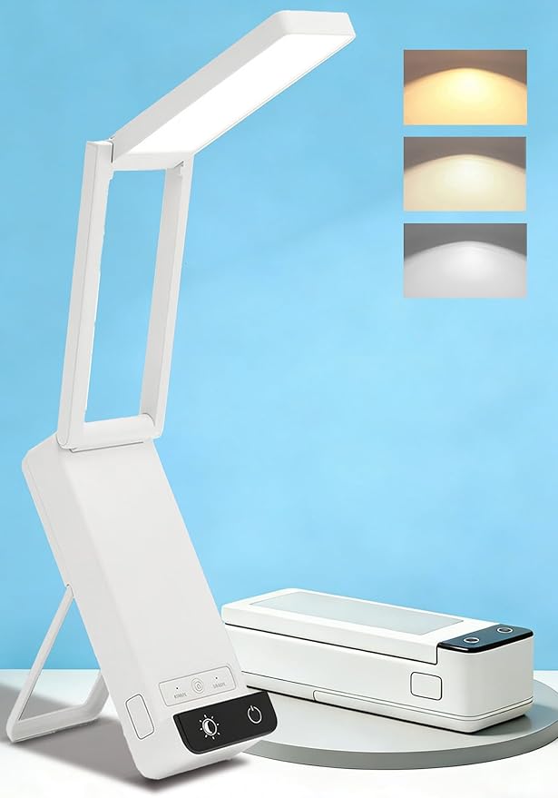 EZVALO Rechargeable Desk Lamp,6000mAh Battery Wireless Light,90Ra Cordless Table Lamp for Book Reading,Foldable Mini Lamp&Portable,3 Color Dimmable Small Light for Bed,Nail Light,Craft(White)