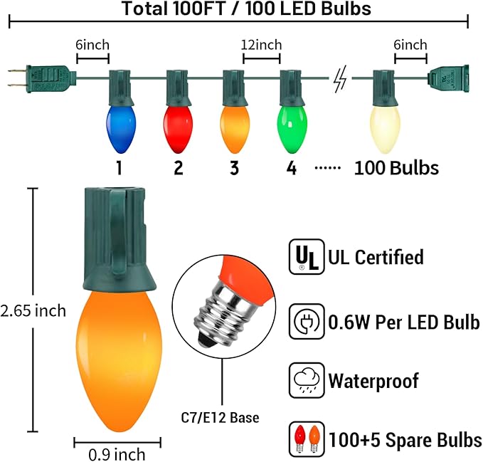 100FT C7 Multicolor Christmas Lights Outdoor, Vintage Christmas Lights String with 100+5 LED Colorful Bulbs, Hanging Christmas String Light for Home Patio Party Indoor Outdoor Christmas Decorations