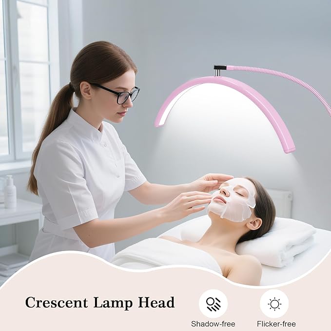 Half Moon Lash Light for Eyelash Extensions & Estheticians, Dimmable LED Lash Lamp with Flexible Gooseneck, Shadow-Free Moon Light for Lash Tech, Tattoo, SPA, Eyelash Lamp (Pink)