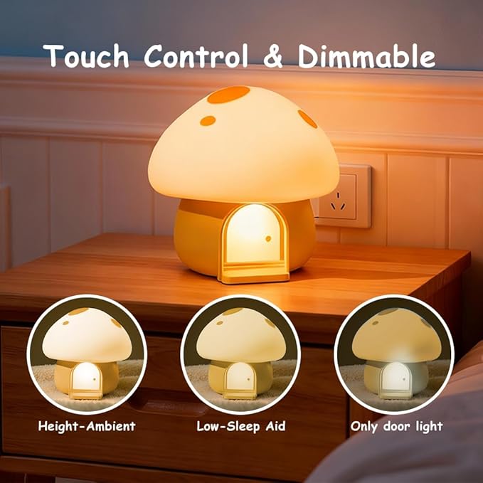 Kids Night Light, Kawaii Bunny Mushroom House Silicone Night Light with Tap Control, 3-Step Dimmable, 30/60 Min Auto-Off Timer, Rechargeable Bedside Nursery Lamp (Yellow)