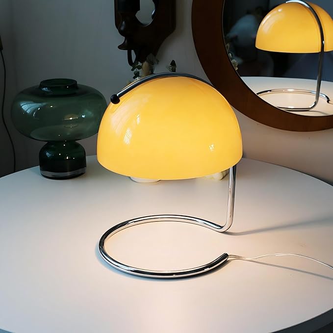 LIGHTLAND Modern Table Lamp, 8.7 Inch Bauhaus Style Semicircle Shape Bedside Lamp with Glass Shade and Metal Lamp Body, Glass Table Lamp for Study, Bedroom, Living Room (Pack of 1, Orange)