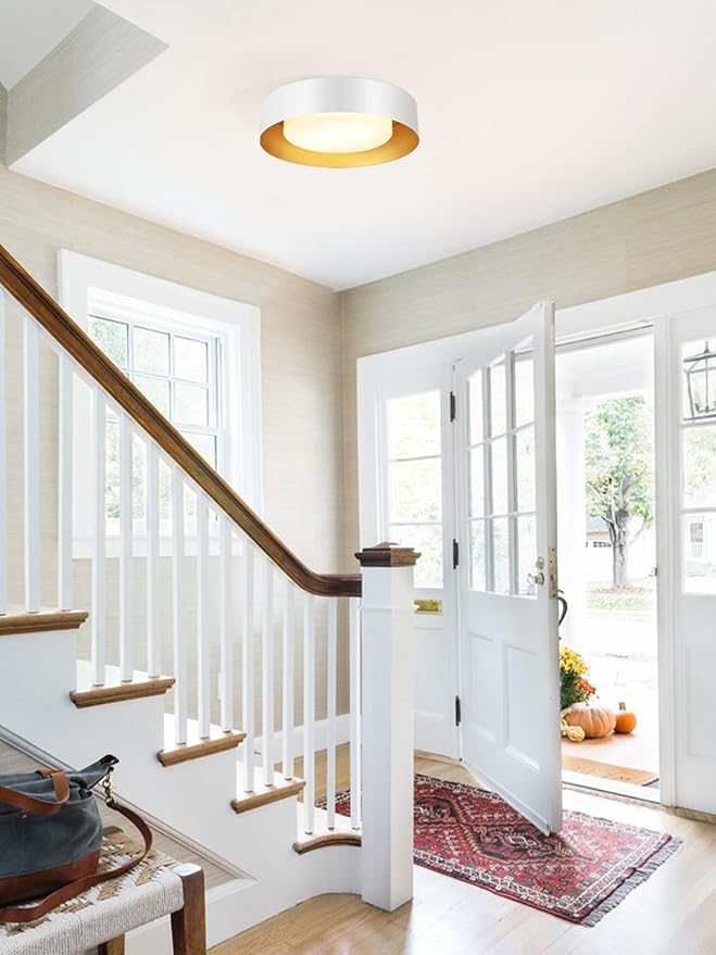 Modern White and Gold Flush Mount Ceiling Lights, 16.5" Minimalist Glass Round Ceiling Lighting, Drum Close to Ceiling Light Fixtures for Living Room, Bedroom, Dining Room, Kitchen, Hallways