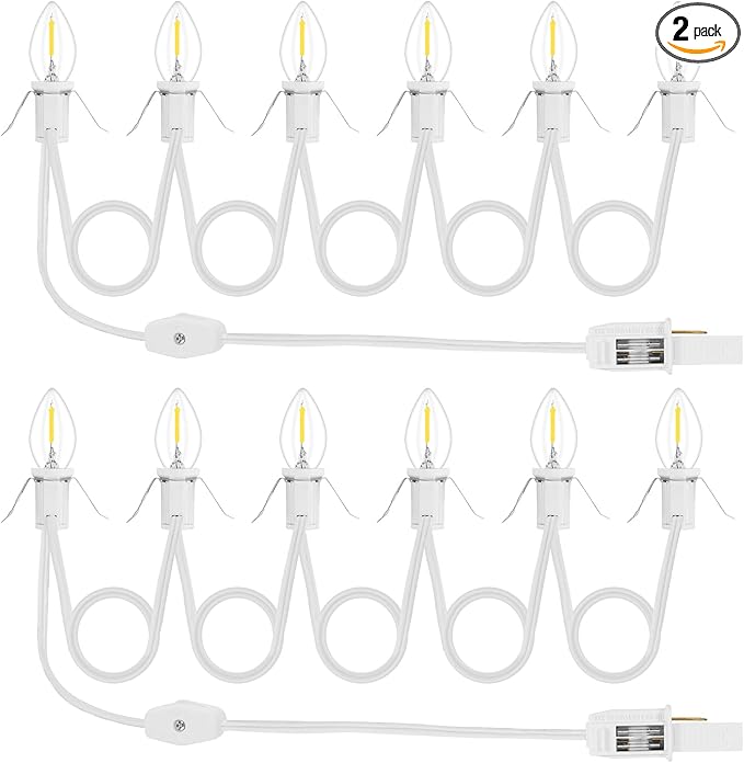 2Pack Accessory Cord with 12 LED Light Bulbs Christmas Village String Light 10.3FT White Cord with Spare Fuse Warm White C7 Lamp for Halloween Pumpkins Christmas Village Houses and Craft Decoration