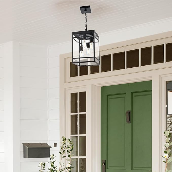 4-Light Outdoor Pendant Lights for Porch, Black Outdoor Chandelier 15.7'' Large Exterior Hanging Porch Light Fixtures with Clear Glass, Waterproof Outside Pendant Lantern for Garage Foyer