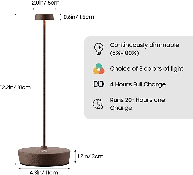 Cordless LED Table Lamp，Rechargeable Battery Desk Lamps, 3 Color Stepless Dimmable Metal Battery Table Lamps, Portable Waterproof Table Light for Indoor/Outdoor/Restaurant (Rust)