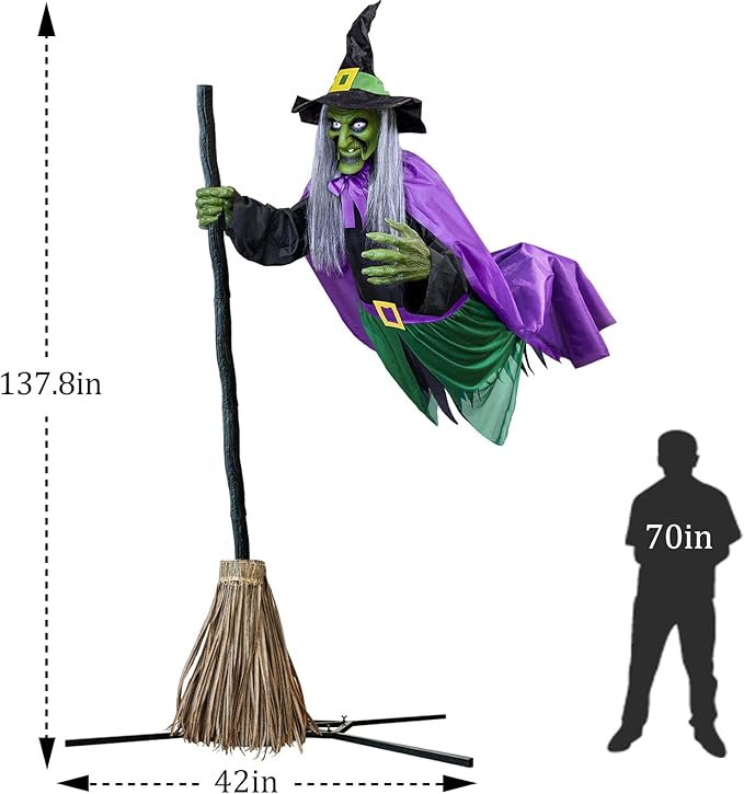 ORIENTAL CHERRY Halloween Outdoor & Indoor Decorations - 11.5 Ft Purple Green Animated Hovering Witch Animatronics, Sound & Touch Activated Sensor - Scary Props House Decor for Garden Yard Lawn