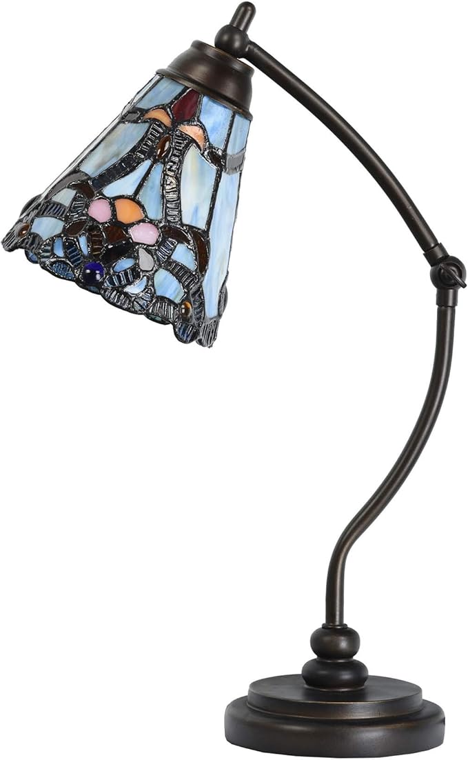 Bieye L10688 Tiffany Style Stained Glass Table Lamp Night Light with Swing Arm Base for Working Reading Home Decoration (Baroque Blue)