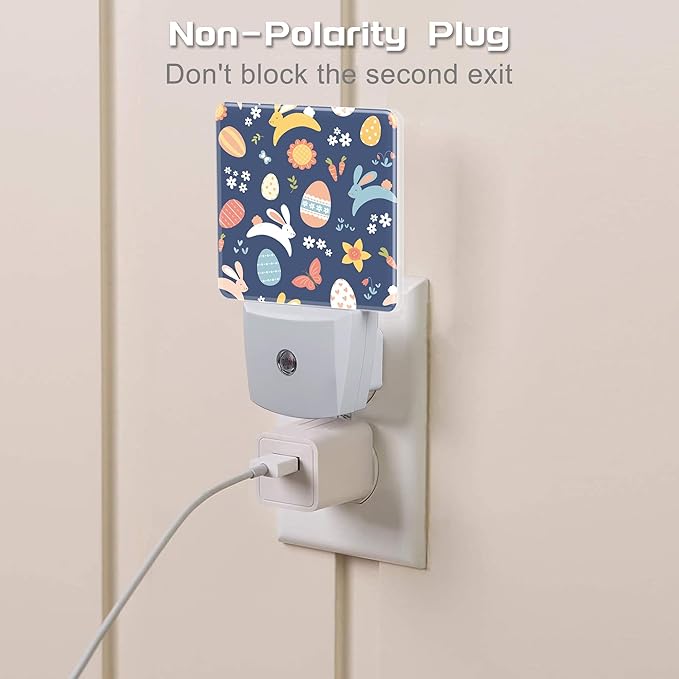 Easter Bunnies and Eggs Night Light, Colorful Rabbits and Flowers Dusk to Dawn Night Light Plug in,0.5w Energy Saving Sleep Friendly NightLight for Kids Boys Girls Home Decor