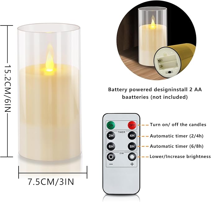 Flameless Candles 4" 5" 6" Set of 2 Acrylic Glass Pillars 3" Diameter Battery Operated Flickering Candles Include 8-Key Remote with Timer Function 400+ Hours (Pure White, 2 Pack)