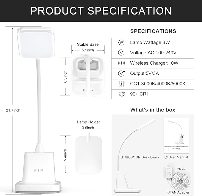 Desk Lamp with Wireless Charger - LED Desk Lamps for Home Office with Pen Holder, 800LM, 3 Color Modes, Flexible Arm, Eye-Caring White Table Lamps for Home College Dorm Room Christmas Gifts