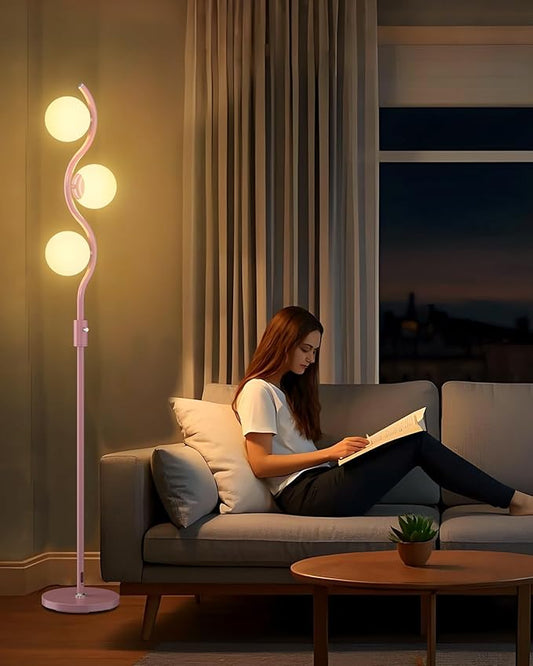 60IN Dimmable (Brightness Adjustable) Pink Floor Lamp, Modern Standing Lamps with 3 Globe Soft Warm White 3000K Bulbs, Mid Century Floor Lamp for Living Room Bedroom Home Decor