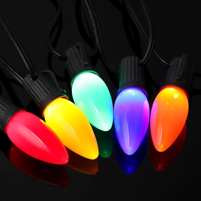 25-Pack Ceramic C9 Christmas Light Bulbs, Multicolor LED Light Bulbs Holiday Decoration, Christmas Decor for Indoor & Outdoor Use, E17/C9 Intermediate Base (Multicolor Smooth)