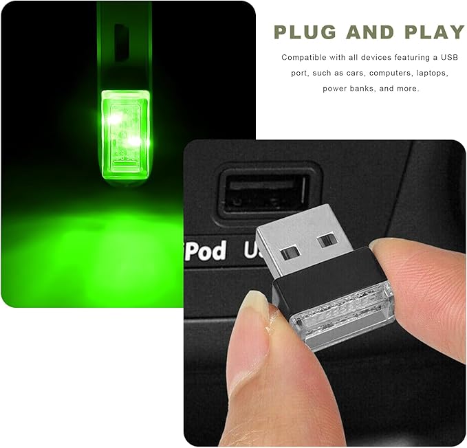 4 PCS USB LED Car Interior Atmosphere Lamp, Mini Night Light Plug-In Trunk Ambient Lighting Kit, Portable USB Interface LED Lamp Interior Decoration for Vehicle Home Office (Green)
