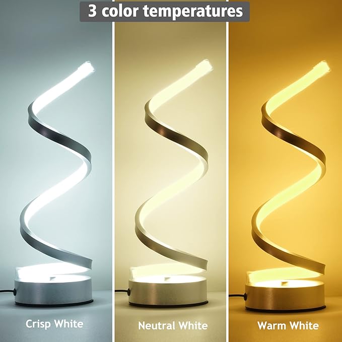 NUÜR Infinity Spiral LED Table Lamp, Dimmable Metallic Bedside Lamp with Touch Controller, 3 Colour Temperature, 15.8 Inch Height, Decorative Lamp for Home, Living Room & Office (Silver)