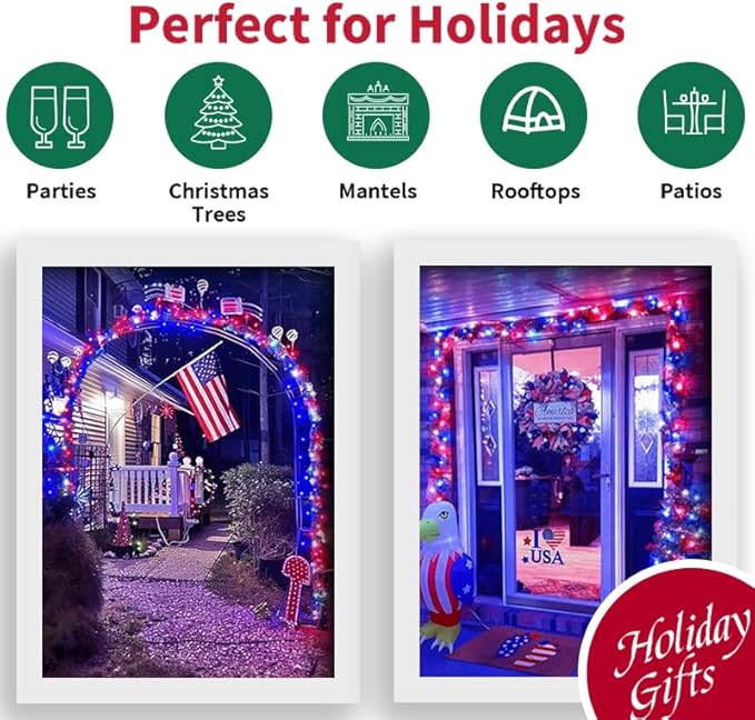 LAMPHOME 50 LED Outdoor Red White Blue Patriotic Lights, 16 FT Mini String Light with 9 Modes & 6 Hour Timer, Waterproof Battery Operated for Independence Day Holiday Memorial Day Party Decor