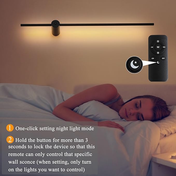 Battery Operated Wall Sconces Set of 2, Rechargeable 6000mAh Wireless Lights with Remote, 360° Rotation Dimmable 3000K-6000K, No Wiring Indoor Lamps for Bedroom Hallway Stairs 40 Inch Black