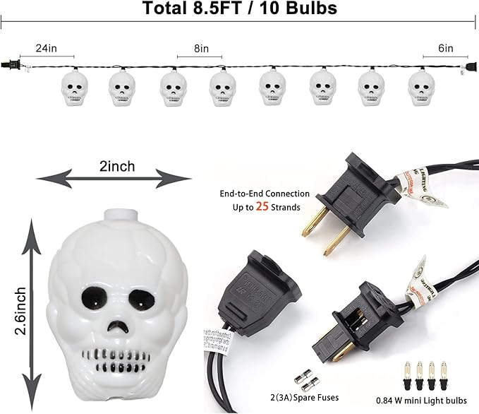 Halloween Skull String Lights, 8.5Ft Outdoor Halloween Decorative Lights with 10 White Ghost Head, Connectable Hanging Skull Lights for Indoor Outdoor Patio Party Holiday Decor, Black Wire