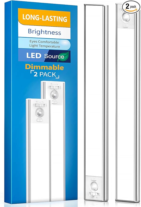 Under Cabinet Lighting, LED Motion Sensor Light Indoor, 2200mAh USB Rechargeable Closet Lights Battery Operated, Stick On Magnetic Wireless Dimmable Under Counter Lights for Kitchen(2 Pack)