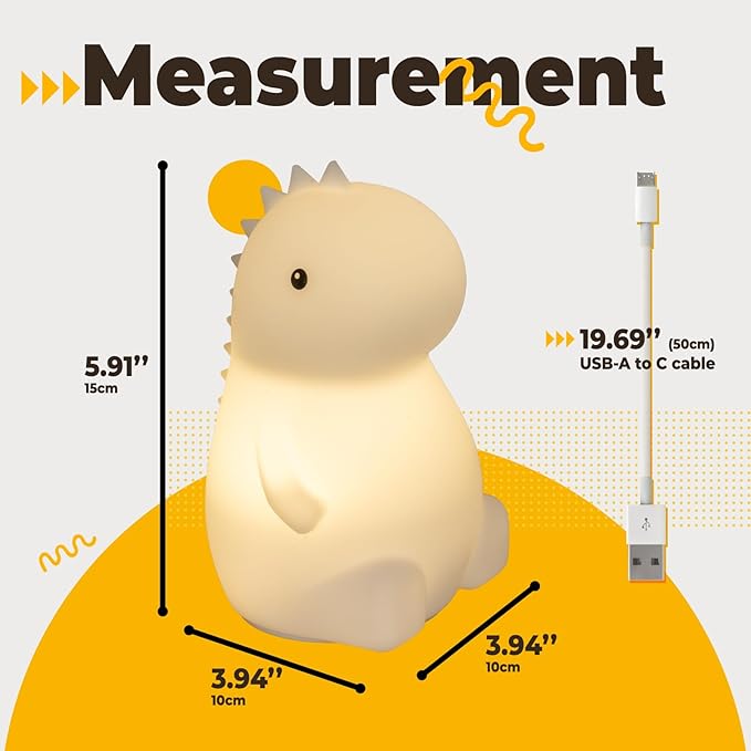 Adorable LED Squishy Animal Night Light - 2 Level Dimmable Nursery Lamp for Kids, Rechargeable Touch Lamp, Cute Dorm Decor - Perfect Baby Boys Girls Gift (Little Dinosaur)