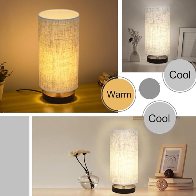 Table Lamp, Bedside Nightstand Lamp, Simple Desk Lamp, Fabric Wooden Table Lamp for Bedroom Living Room Office Study, Cylinder Black Base