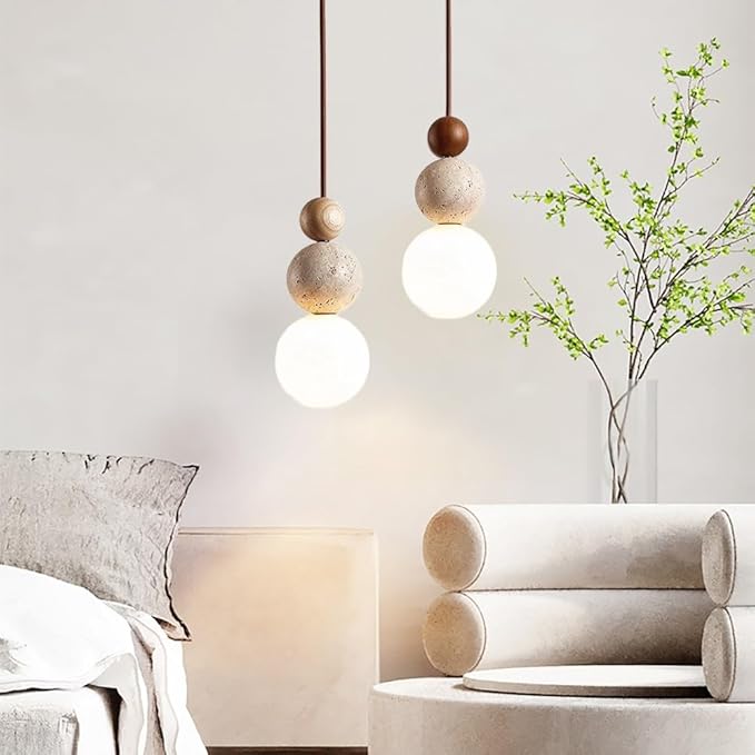 Natural Stone & Wood Pendant Light Fixture | Spherical Milk Glass Hanging Lamp | Modern Organic Ceiling Light | Adjustable Bedside Suspension Light for Dining Room, Kitchen Island, Bedroom(Walnut)