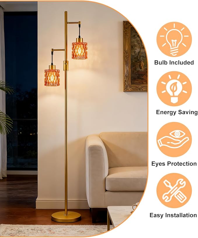 2-Light Gold Floor Lamp, 65IN Tall Standing Lamps Dimmable with Rose Red Glass Lampshade, 3000K Warmwhite Mid Century Modern Floor Lamp for Living Room/Bedroom