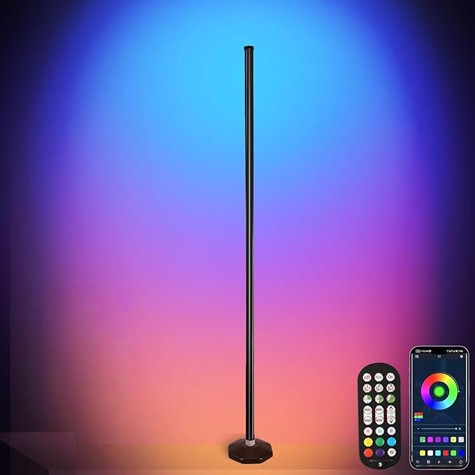 LED RGB Corner Lamp: Smart RGB LED Corner Floor Lamp Adjustable Height with 16 Millon RGBWIC Color Changing Lights 300+ Scene,Music Sync&Timer,Ambient Lighting for Living Room,Bedroom,Game Room