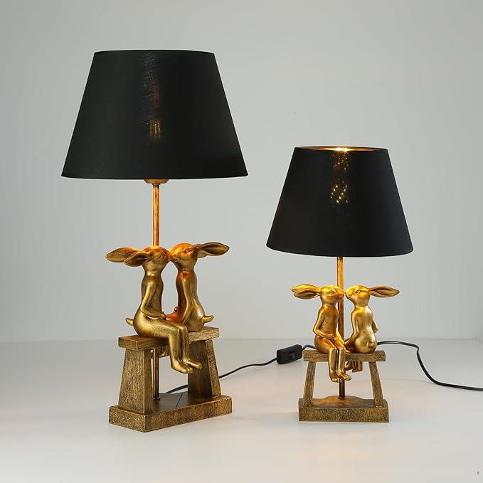 Kissing Bunny Lamp, H16in Gold Resin Rabbit Table Lamp, Valentine's Day Heartfelt Token, Energy Saving Night Light for Bedroom & Nightstand(Small Black Shade)