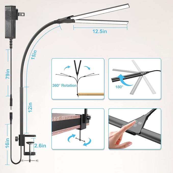 Desk Lamp for Home Office, Double Head Desk Light with Clamp, Dimmable 5 Color Modes Task Lighting, Eye-Caring Architect Table Lamp for Workbench, Dual Monitor, Study, 1400lm