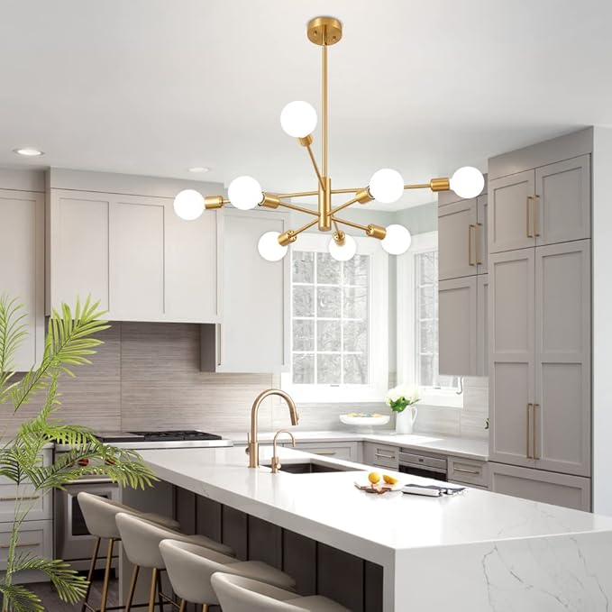 Sputnik Chandelier Modern Gold Chandelier Mid Century Ceiling Lighting Fixtures 8 Lights E26 for Living Room, Kitchen Island, Bedroom, Dining Room, and Farmhouse